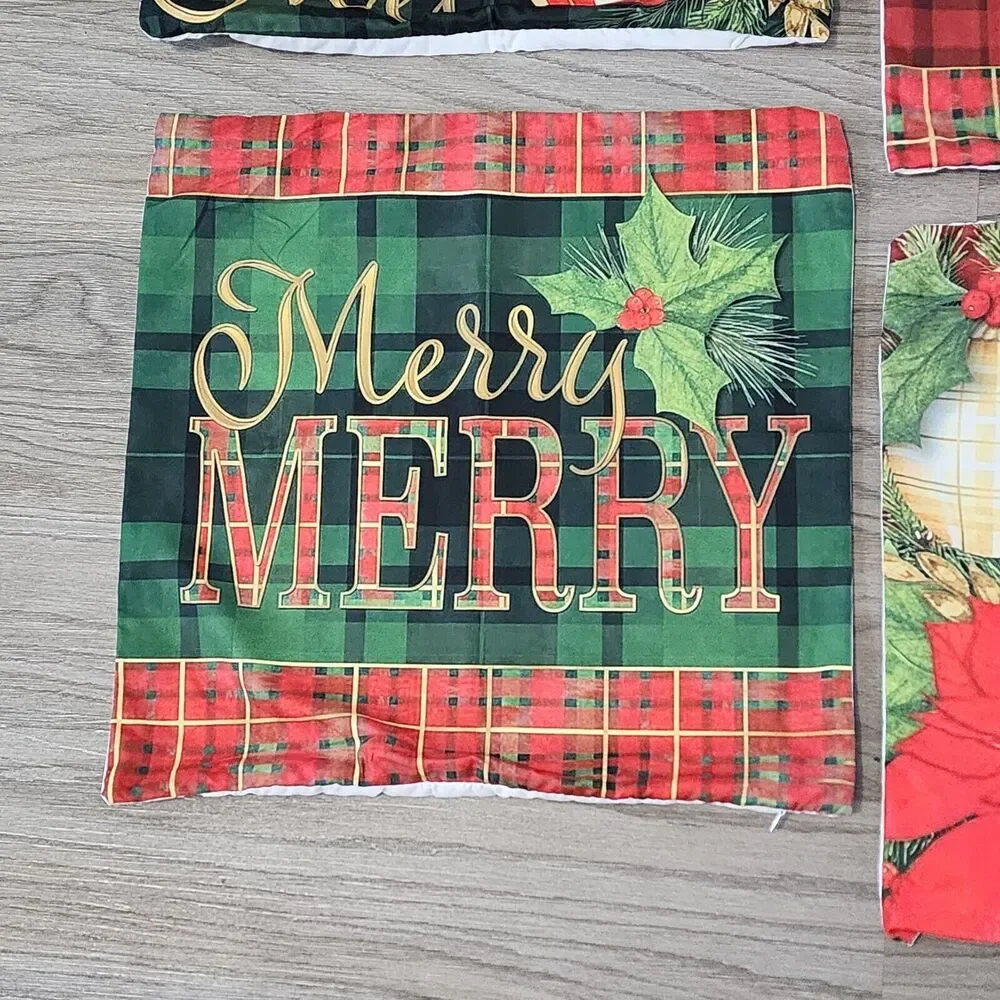 Christmas Throw Pillow Covers 18 x 18 Red & Green Plaid Pattern Set of 4 NEW